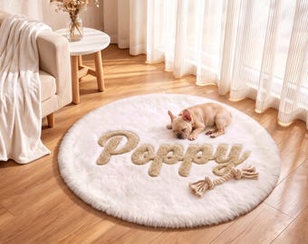 Personalized Pet Name Round Fluffy Rug, Custom Plush Carpet for Dog Cat Bed, Pet Lover Home Decor