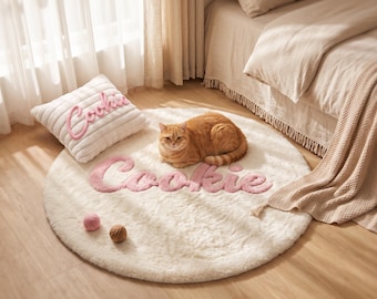 Custom Pet Name Plush Round Rug, Personalized Fluffy Carpet, Pet Bed Mat, Pet Parent Gift