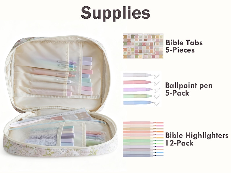 Puede incluir: Un estuche con estampado floral abierto, lleno de bol&iacute;grafos, resaltadores y pesta&ntilde;as b&iacute;blicas en colores pastel. La imagen incluye un juego de 5 pesta&ntilde;as b&iacute;blicas, un paquete de 5 bol&iacute;grafos y un paquete de 12 resaltadores b&iacute;blicos. La palabra "Supplies" est&aacute; en la parte superior.