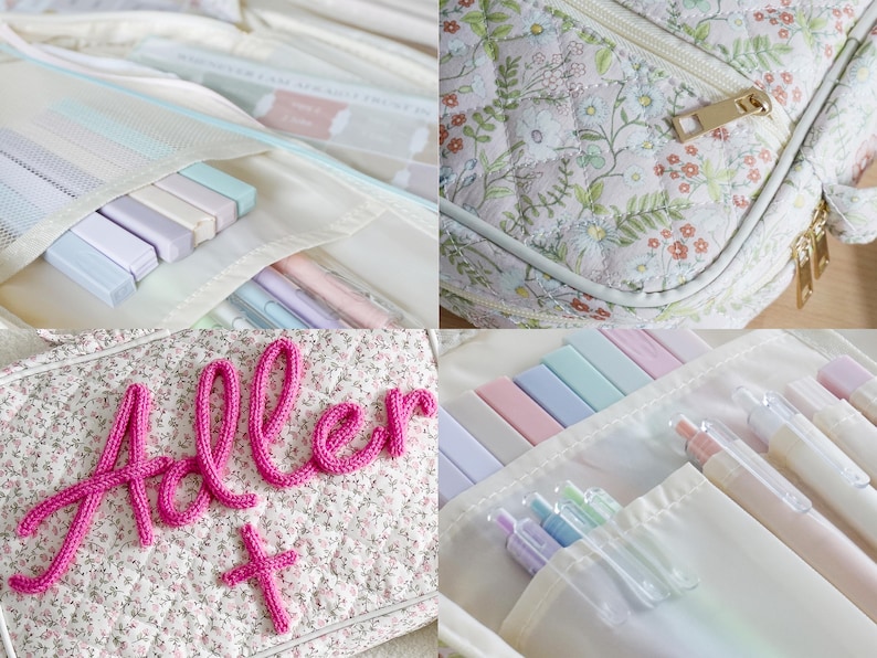 Puede incluir: Un estuche acolchado con estampado floral con cremallera dorada y un estuche a juego con el nombre "Adler" en hilo rosa. Los estuches contienen bol&iacute;grafos, l&aacute;pices y gomas de borrar en colores pastel.