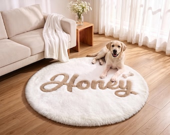 Personalized Round Plush Pet Rug, Custom Name Fluffy Carpet for Dog Cat, Pet Room Decor Gift