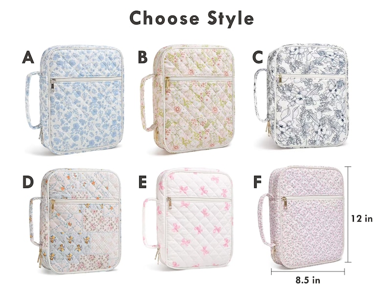 Puede incluir: Una selecci&oacute;n de bolsos acolchados con dise&ntilde;os florales y estampados. Cada bolso tiene una cremallera superior, un asa y forma rectangular. Dimensiones: 30,5 cm de alto y 21,6 cm de ancho. El texto "Choose Style" est&aacute; en la parte superior.