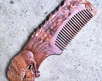 Large Handle Green Sandalwood Comb with Phoenix Carving Double-Sided Design