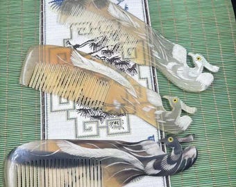 1piece horn phoenix carved hair comb chinese style grooming accessory  Random shipping