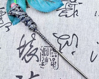 Vintage Brass Agate Dragon Hairpin Handmade Hanfu Hair Stick