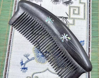 Black Wood Comb Shell Inlay Hair Brush Collectible Craft Wooden Display