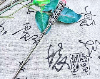 Vintage Brass Six Characters Mantra Dragon Hairpin Agate Inlay
