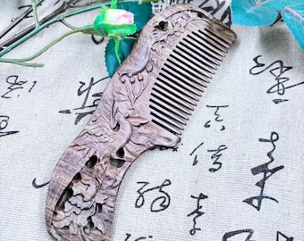 Vintage Green Sandalwood Comb Double Sided Carved Peony Hair Massage Comb