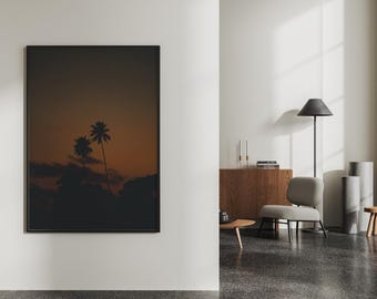 Zonsondergang palmboom poster Tahiti foto downloaden - moderne kustmuurkunst, afdrukbaar, op het eiland geïnspireerde decor van het huis, minimalistisch, fotografie