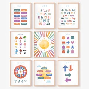 Conjunto de 9 carteles educativos, carteles para el aula, imprimibles para la educación en casa, carteles de aprendizaje, decoración infantil neutra, descarga digital