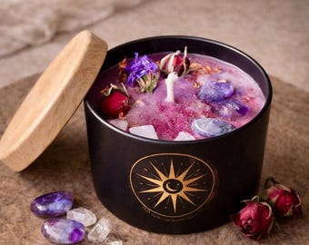 Edelsteinkerze mit Bergkristall & Amethyst | Calm Harmony Candle | Duftkerze für Meditation und Achtsamkeit | spirituelles Geschenk Freundin