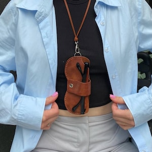 Personalized Leather Glasses Case with Neck Strap: Handmade Eyeglass Holder
