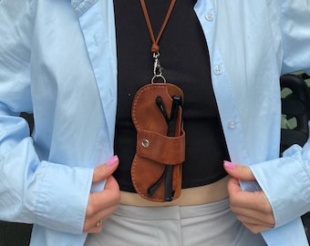 Personalized Leather Glasses Case with Neck Strap: Handmade Eyeglass Holder