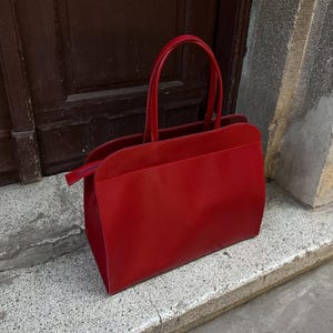 Red Leather Tote Bag: Oversized Structured Shopper Handbag