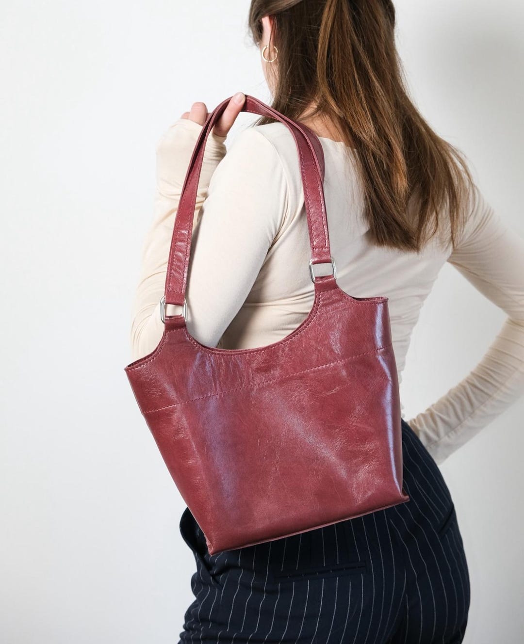 Handmade Burgundy Leather Shoulder Bag: Minimalist Everyday Tote - Etsy