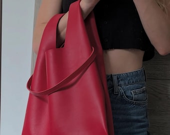 Bolso tote de piel roja: bolso shopper con textura granulada, bolso de diario