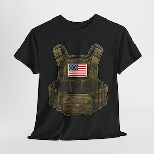 Plate Carrier Tactical T-Shirt, Military Style Vest Graphic Tee with American Flag Patch, Operator Combat Shirt, Patriotic Gift Idea