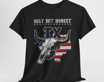 Ugly But Honest Texas T-Shirt, TX Flag Bull Skull Graphic Tee, Patriotic Western Shirt, Country Boy Pride, Southern USA Gift Idea