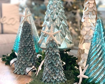 Blue Green Limpet Topiary Shell Tree White Finger Starfish Top Aqua Natural Color Coastal Christmas Seashell Beach Nautical Holiday Decor