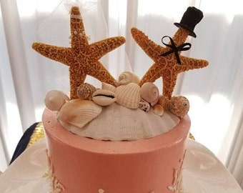 Beach Wedding Cake Topper Decoration Tan Starfish Bride Groom Alternative Real Scallop Shell Pearl Necklace Top Hat Veil Bow Tie Mock Funny