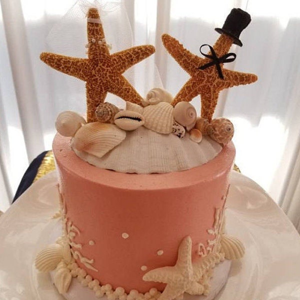 Beach Wedding Cake Topper Decoration Tan Starfish Bride Groom Alternative Real Scallop Shell Pearl Necklace Top Hat Veil Bow Tie Mock Funny