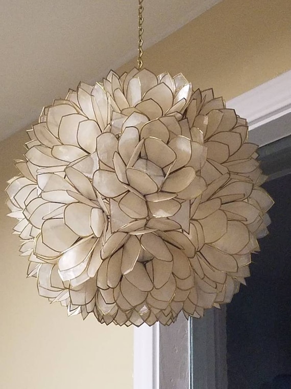 Lotus Flower Design Capiz Shell Chandelier Coastal Home Decor Image 0