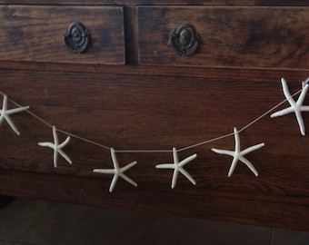 Natural White Finger Starfish Garland Coastal Christmas Holiday Decorating/ Stars on a String Simple Clean DIY Bunting Banner Mantle Display