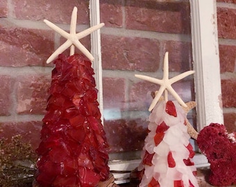 Frosted White & Red Seaglass Tree White Finger Starfish Top Coastal Christmas Topiary Sea Glass Tabletop Trees Beach Nautical Holiday Decor