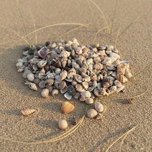 May include: A collection of various seashells, in shades of white, tan, and brown, piled on a sandy beach. Some shells are scattered around the main pile, with blades of grass in the background.