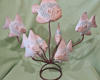 Pastel Vintage Ceramic Fish On Iron Stand Sculpture