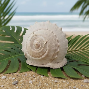 May include: A large, off-white seashell with a prominent spiral center and a textured, ridged outer surface. The shell features a wide, flared base and a series of small, pointed protrusions along its curved edge, showcasing natural organic detail.