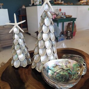 Reversed Gold tones Abalone Shell Seashell Tree with Finger Starfish Top Coastal Christmas Tabletop Beach Nautical Holiday Decoration Condo image 2