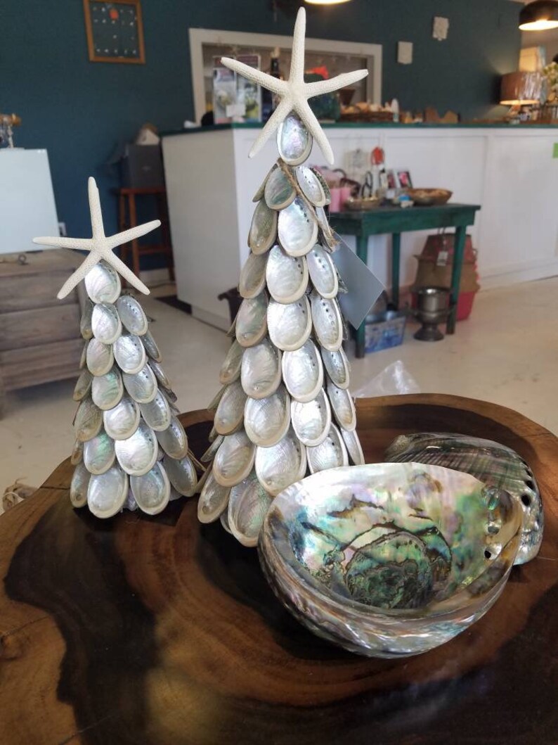 Reversed Gold tones Abalone Shell Seashell Tree with Finger Starfish Top Coastal Christmas Tabletop Beach Nautical Holiday Decoration Condo image 2