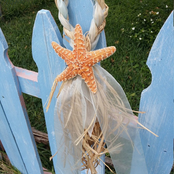 Raffia Straw & Silk Organza Nautical Beach Wedding Aisle Decorations/ White or Sugar Starfish Elegant Rustic Chair Hanger/Destination/Events