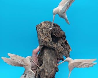 Driftwood Wall Art with Hand-Carved Hummingbirds
