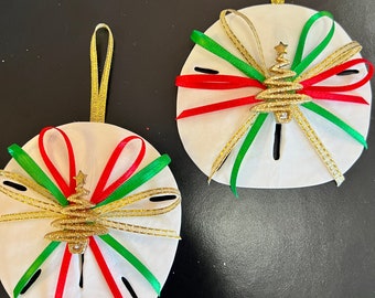 Handmade Sand Dollar Ornament With Red/Green Ribbon