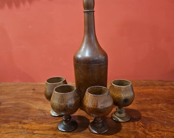 Vintage Wooden Bottle and 4 Mini Goblets