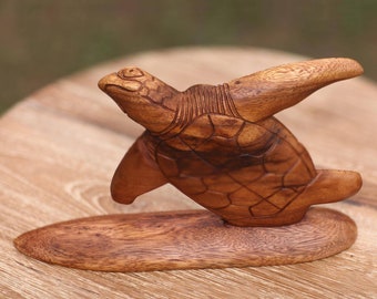 Surfer Sea Turtle Carved Wood Sculpture- Bali Inspired