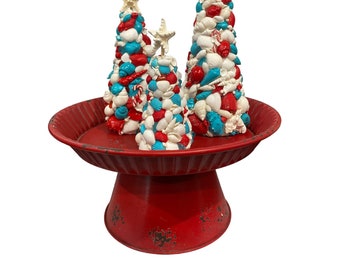 Festive Christmas Seashell Topiary Tree Aqua Red White Shells Seasonal Holiday Vibrant Color Mix Starfish Topped Tabletop Mantle Display