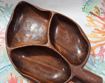 1960's Vintage Wood Monkey Pod Leaf Divided Bowl