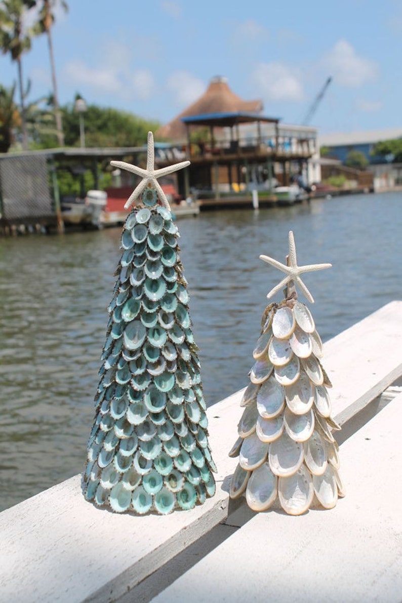 Reversed Gold tones Abalone Shell Seashell Tree with Finger Starfish Top Coastal Christmas Tabletop Beach Nautical Holiday Decoration Condo image 5