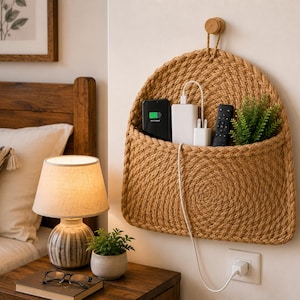 May include: A semi-circular wall-mounted storage pocket crafted from braided tan jute rope. The pocket holds a black smartphone, a white power bank with a charging cable, a remote control, and a small green plant. It hangs from a wooden peg.
