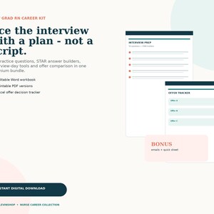 Op de afbeelding: Een digitale carrièrekit voor pas afgestudeerde verpleegkundigen met de tekst: New Grad RN Career Kit, Ace the interview with a plan - not a script. Bevat een werkboek voor sollicitatievoorbereiding, een aanbiedingstracker en bonusbladen.