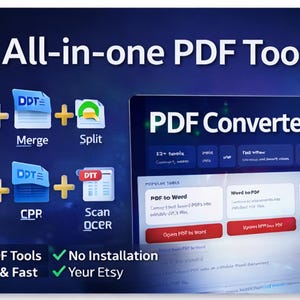 Puede incluir: Un gráfico digital que promociona un kit de herramientas PDF. La imagen presenta el texto "All-in-one PDF Toolkit" y "PDF Converter Pro". Los iconos representan herramientas como combinar, dividir y OCR. La imagen también destaca funciones como 12+ herramientas PDF, sin instalación y seguro.