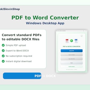 May include: A digital advertisement for a PDF to Word Converter Windows Desktop App. The app converts PDFs to editable DOCX files. Features include simple PDF upload, export to Word DOCX, no subscription required, and instant digital download.