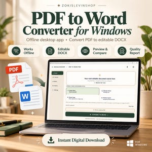May include: A laptop displaying a PDF to Word converter software interface with dark green text reading PDF to Word Converter for Windows. Icons indicate offline functionality, editable DOCX, preview, and quality report features.