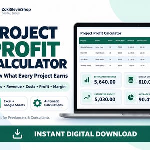 Può includere: Un calcolatore digitale di profitti di progetto sotto forma di foglio di calcolo visualizzato su uno schermo di computer portatile. L'interfaccia presenta una tabella con dati di progetto, ore, tariffe, ricavi, costi e profitti, con riepiloghi.