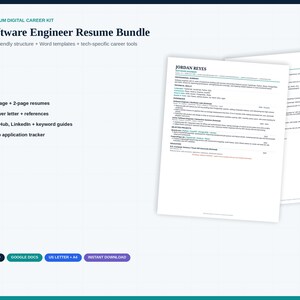 May include: A digital career kit for software engineers featuring a resume bundle with 1-page and 2-page templates, cover letter, references, career guides, and a job tracker. The document displays the name Jordan Reyes and technical skills.
