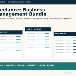 Bundel voor freelance bedrijfsbeheer, inclusief CRM voor klanten, facturering, inkomsten- en winsttrackers.