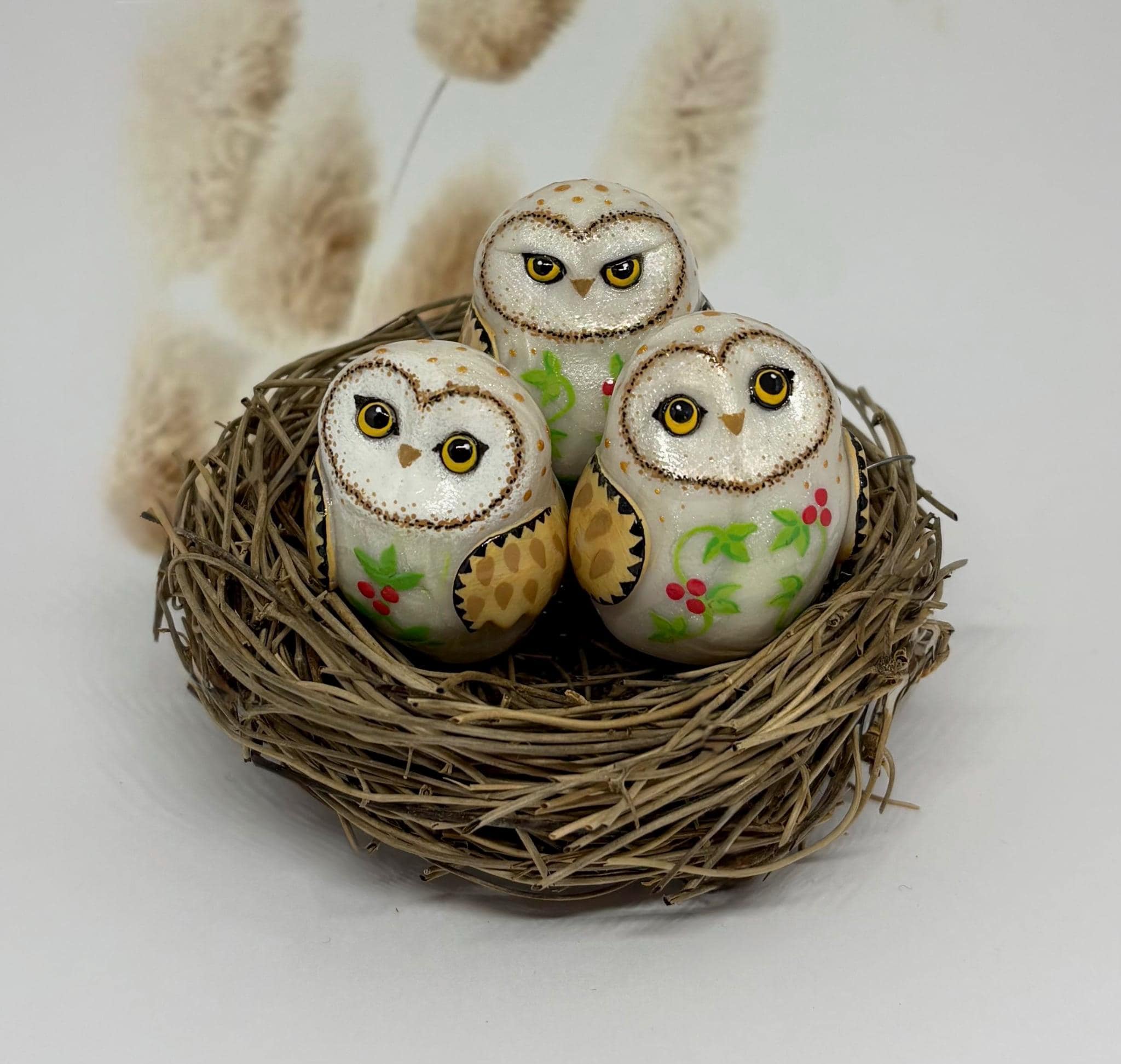 Set of 3 mini owls in a nest, polymer clay animal figurines